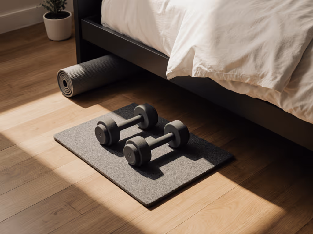 quiet_dumbbell_setup_on_felt_pads_under_bed
